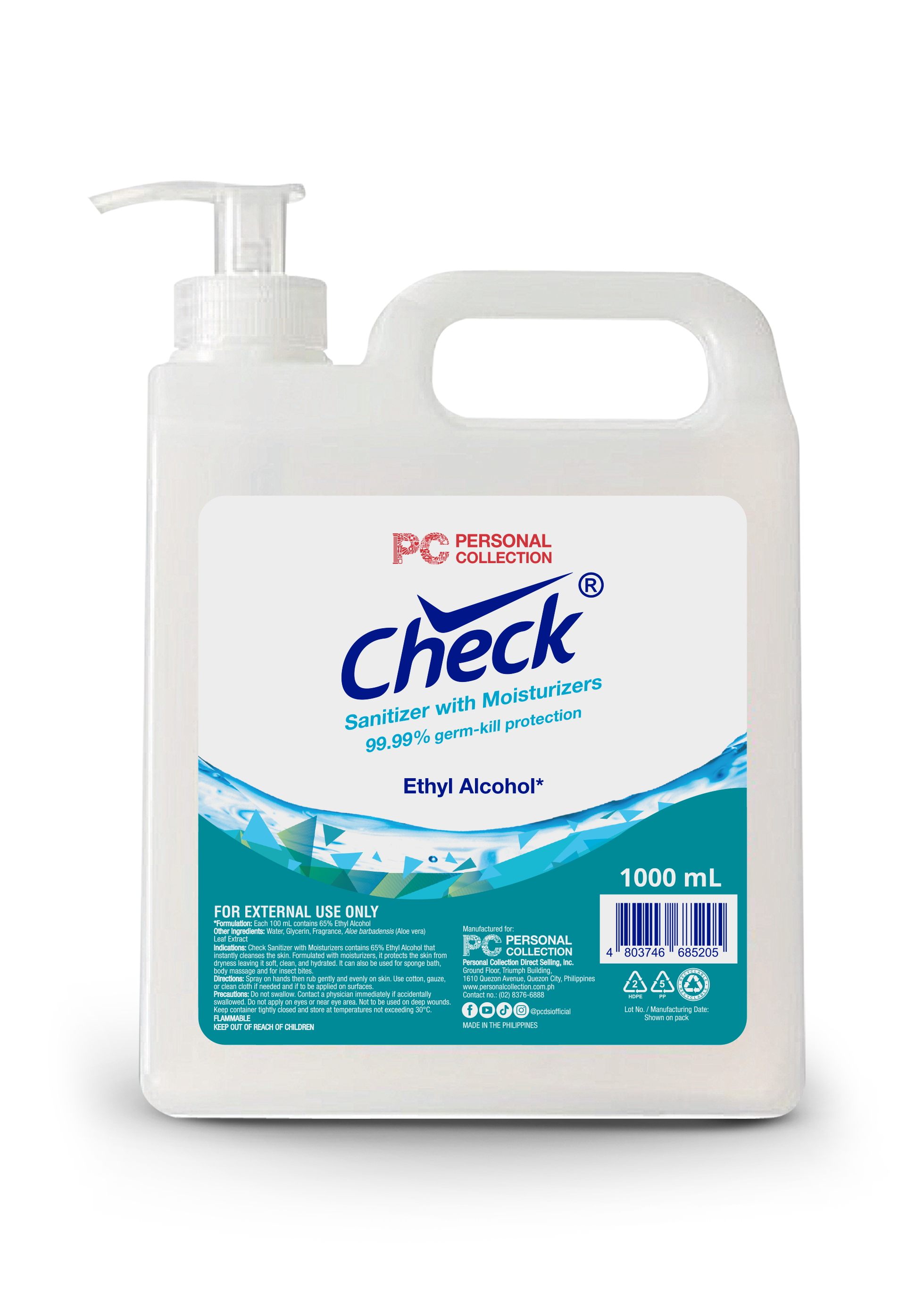 CHECK Sanitizer with Moisturizers Ethyl Alcohol 1000 mL – PC Starter
